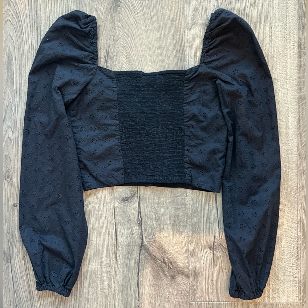 ASOS Black Puff-Sleeve Cropped Button Front Top - small - Picture 7 of 8